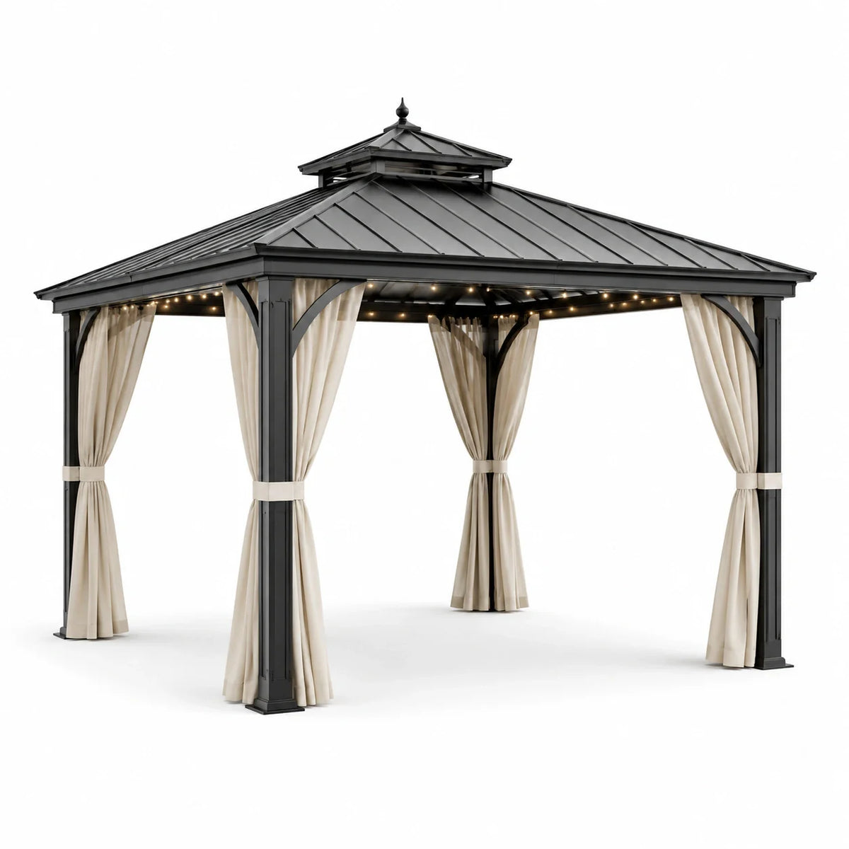 Pavillon en métal avec toit en acier et rideaux beige - 2026
