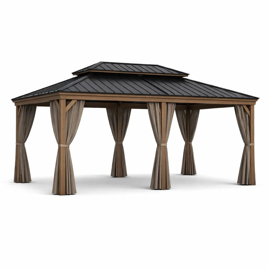 Pavillon en aluminium et acier avec rideaux en polyester gris et marron - 2026