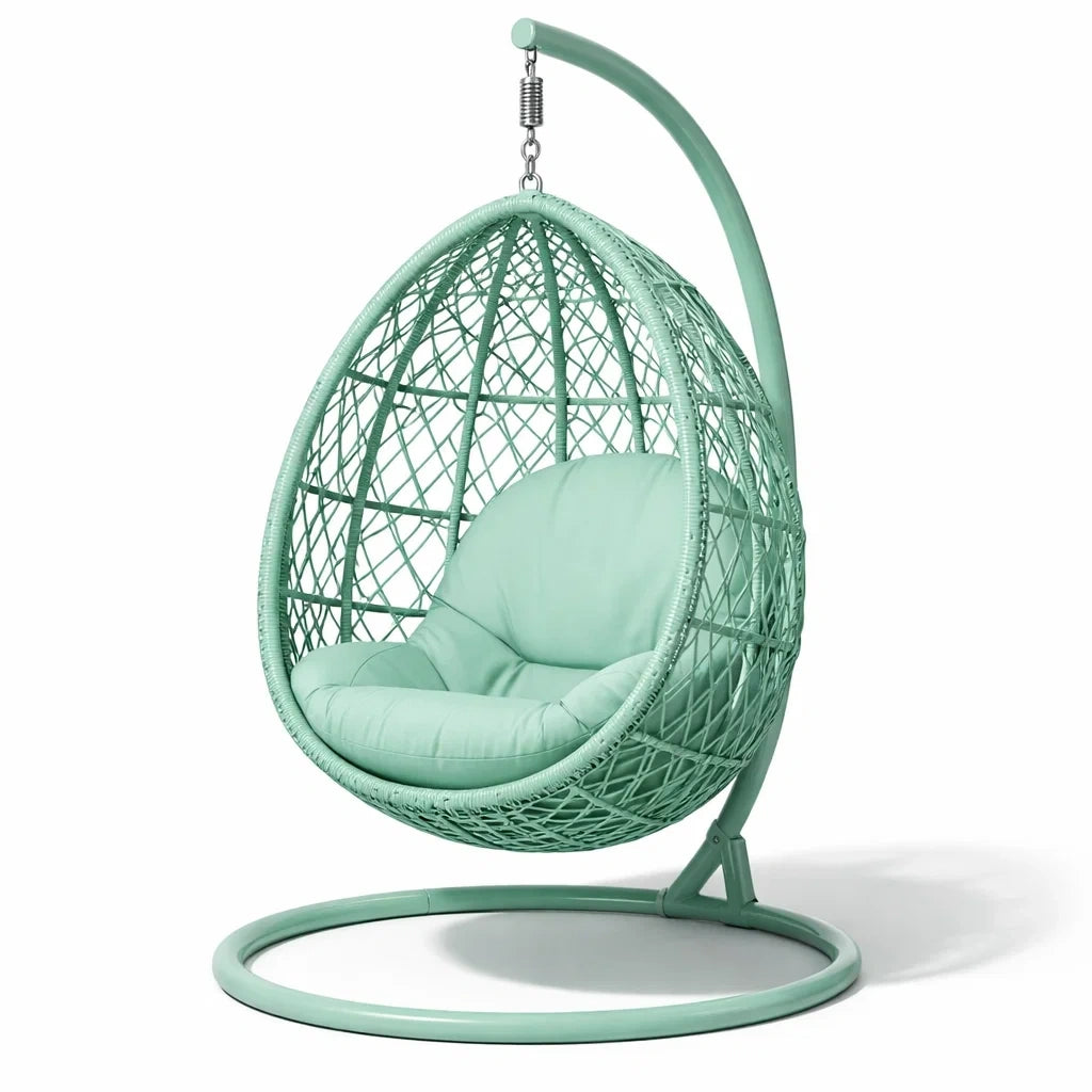 Fauteuil suspendu œuf avec support en rotin synthétique vert avec coussin en polyester - 2026