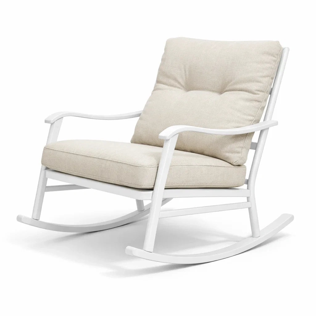 Fauteuil à bascule de terrasse en métal avec revêtement en tissu crème et blanc - 2026