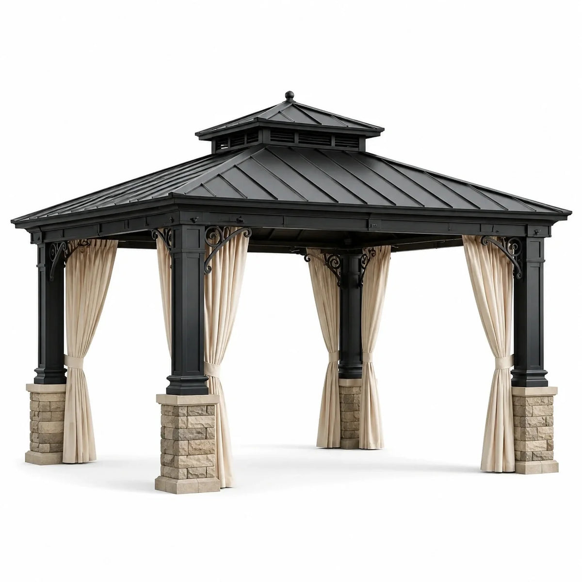 Pavillon de jardin classique en métal noir avec toit rigide et rideaux beiges, 400 × 300 × 320 cm - 2026