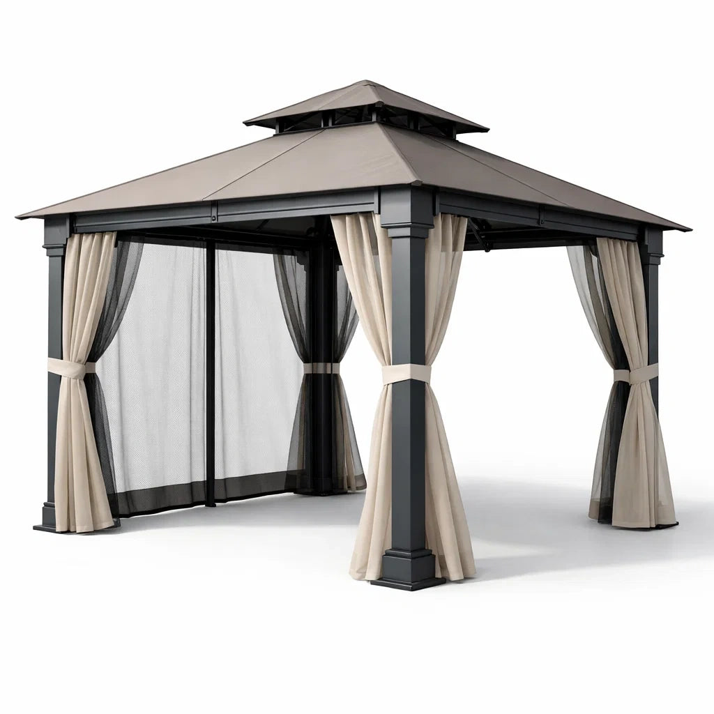 Pavillon de jardin en aluminium et polycarbonate beige et noir - 2026