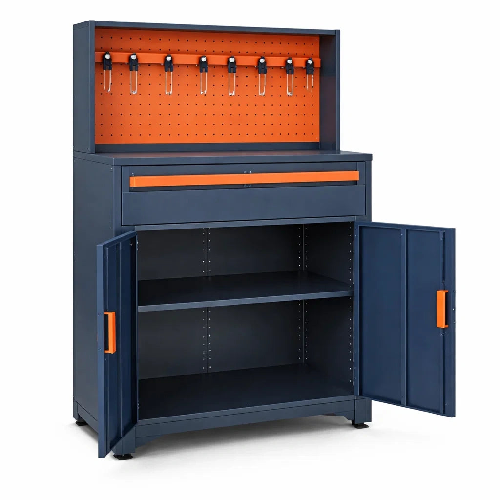 Armoire à outils en acier avec panneau perforé et portes battantes Bleu/Orange - 2026
