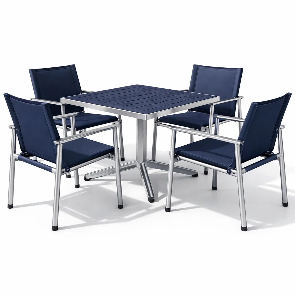 Ensemble table et chaises de jardin en aluminium avec table carrée et assises en textilène bleu marine - 2026
