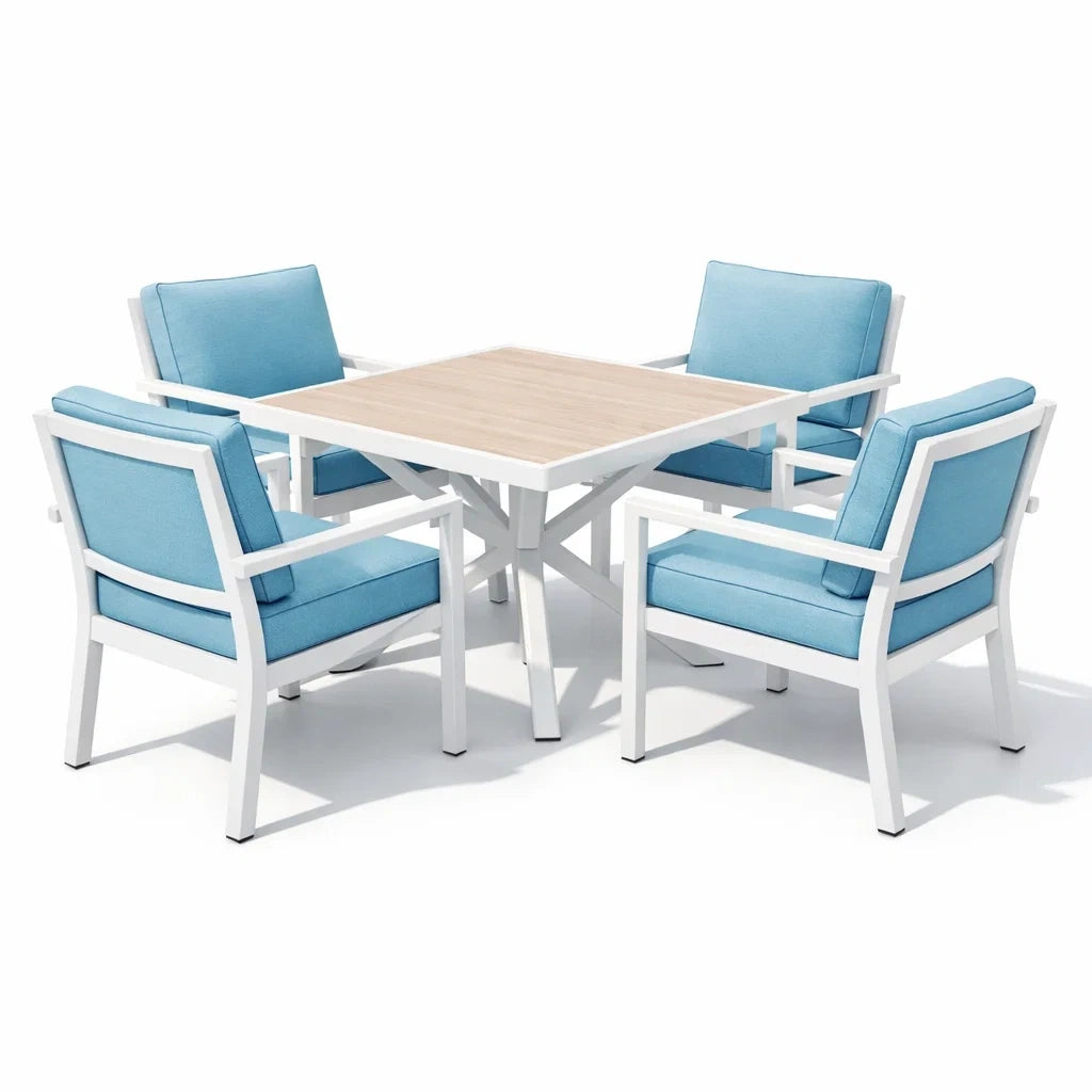 Ensemble table et chaises d'extérieur en aluminium blanc avec coussins bleus - 2026