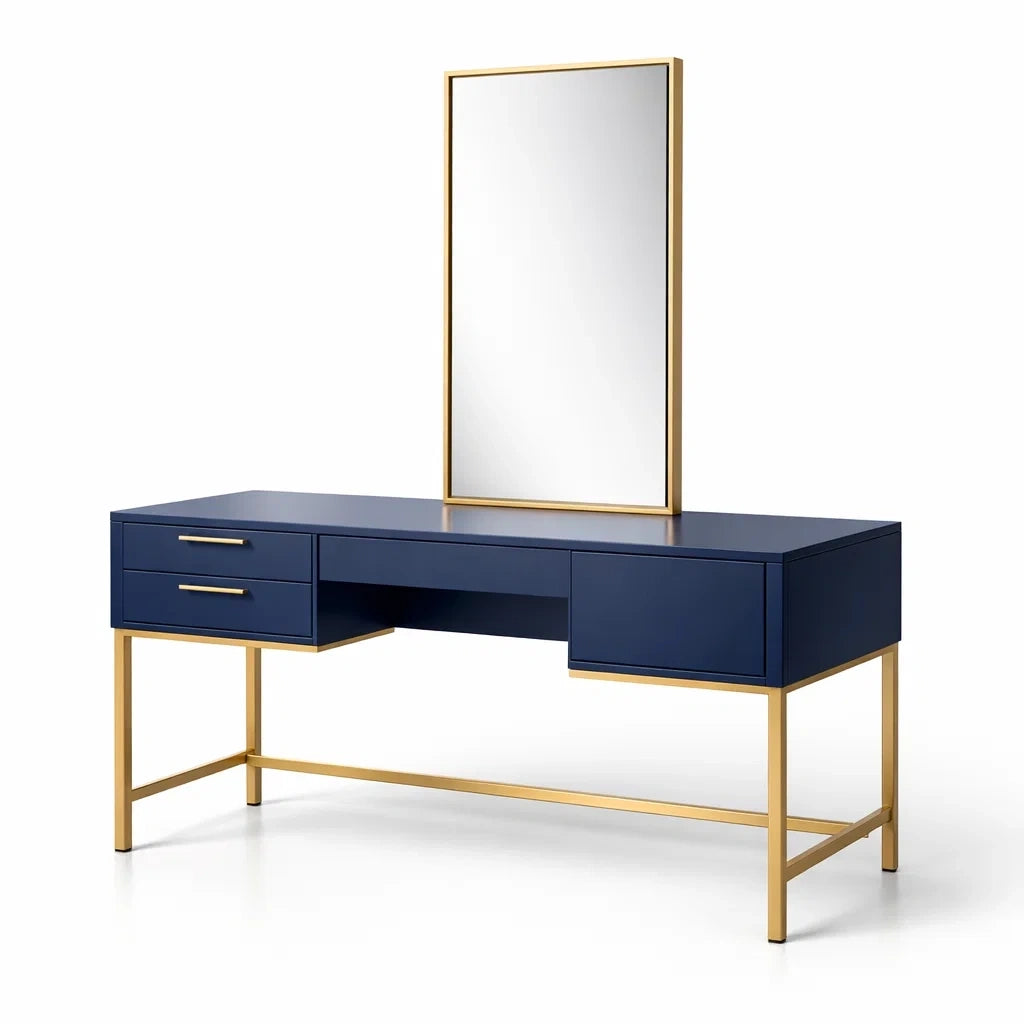 Coiffeuse en bois avec miroir et cadre en métal doré 150x50x140 cm - 2026