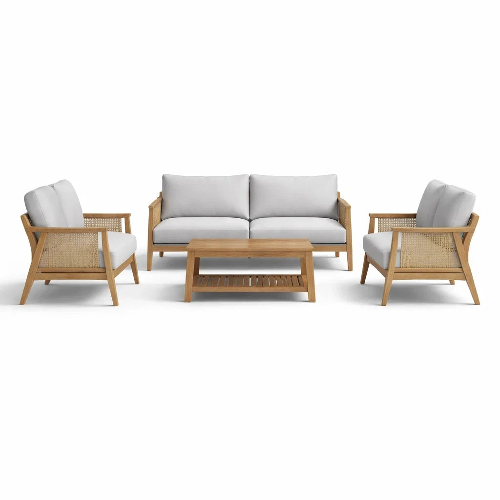 Ensemble de salon en bois d'acacia avec coussins en polyester gris - 2026