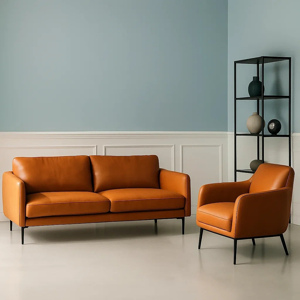 Ensembles de salon ensemble canapé trois places et fauteuil cuir orange structure en métal - 2026