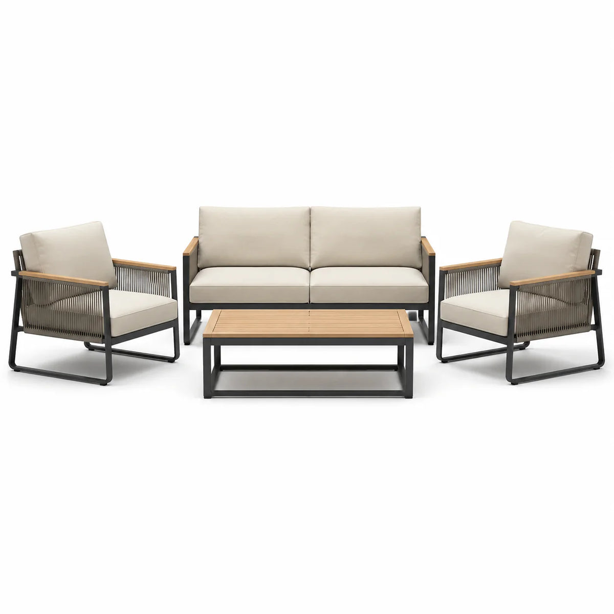 Ensemble de salon d'extérieur en aluminium et bois avec coussins beiges - 2026