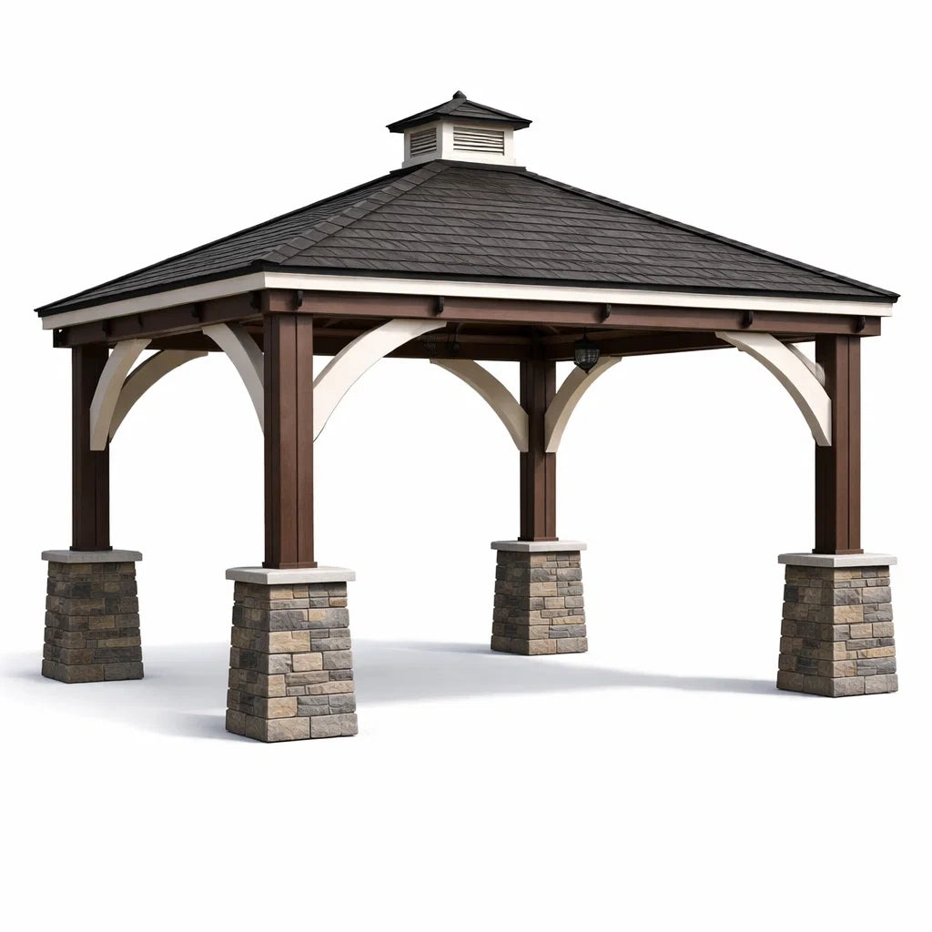 Pavillon rectangulaire en bois et pierre avec toit en bardeaux d asphalte - 2026