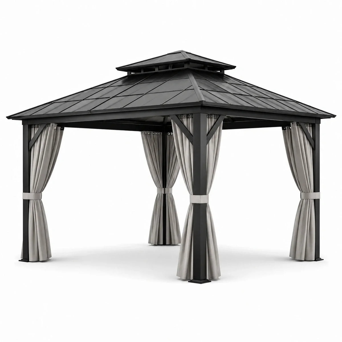 Pavillon de jardin en métal avec toit en polycarbonate et rideaux gris 300x400 cm - 2026