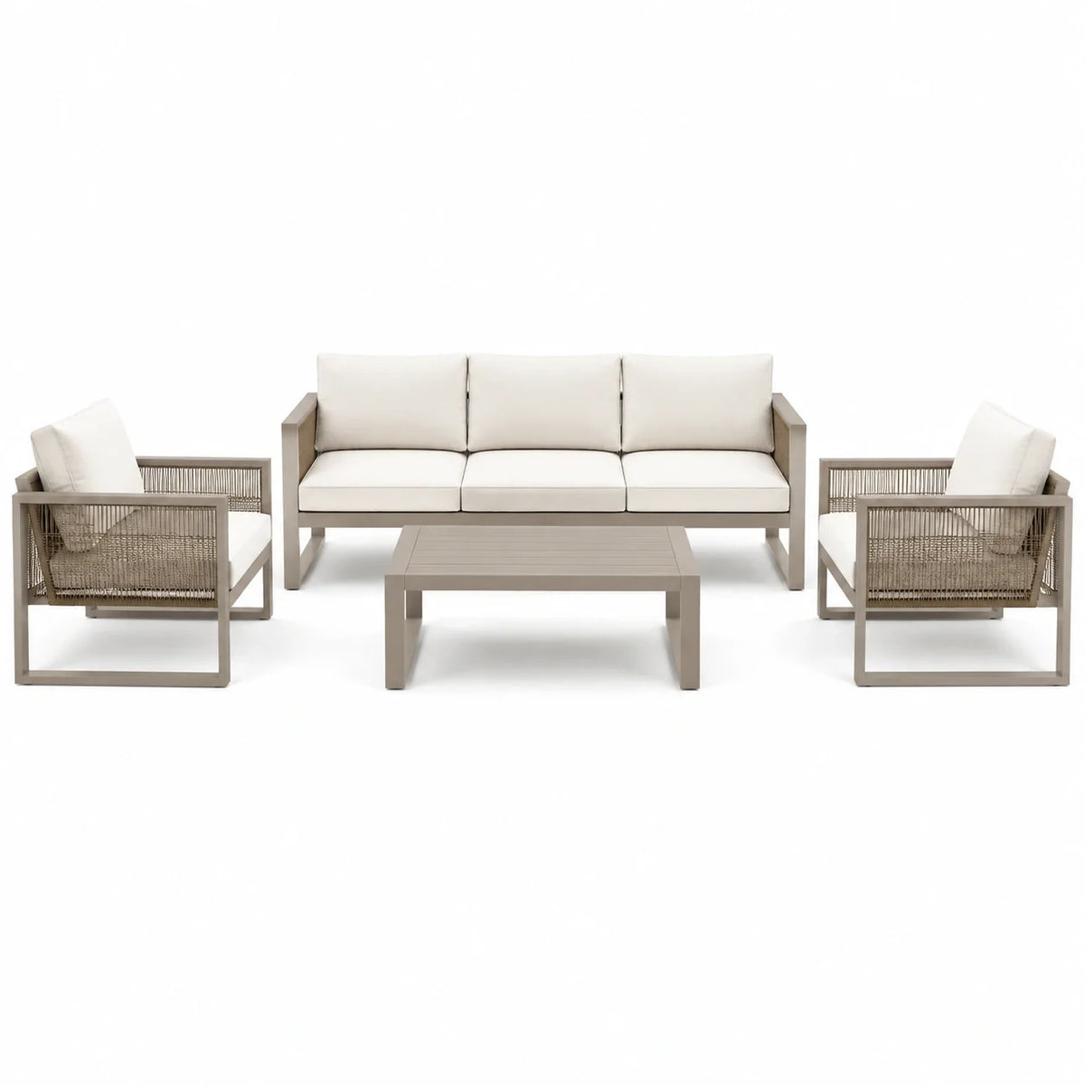Salon de jardin 4 pièces taupe et écru avec canapé 191 × 77 × 78 cm, 2 fauteuils et table basse - 2026