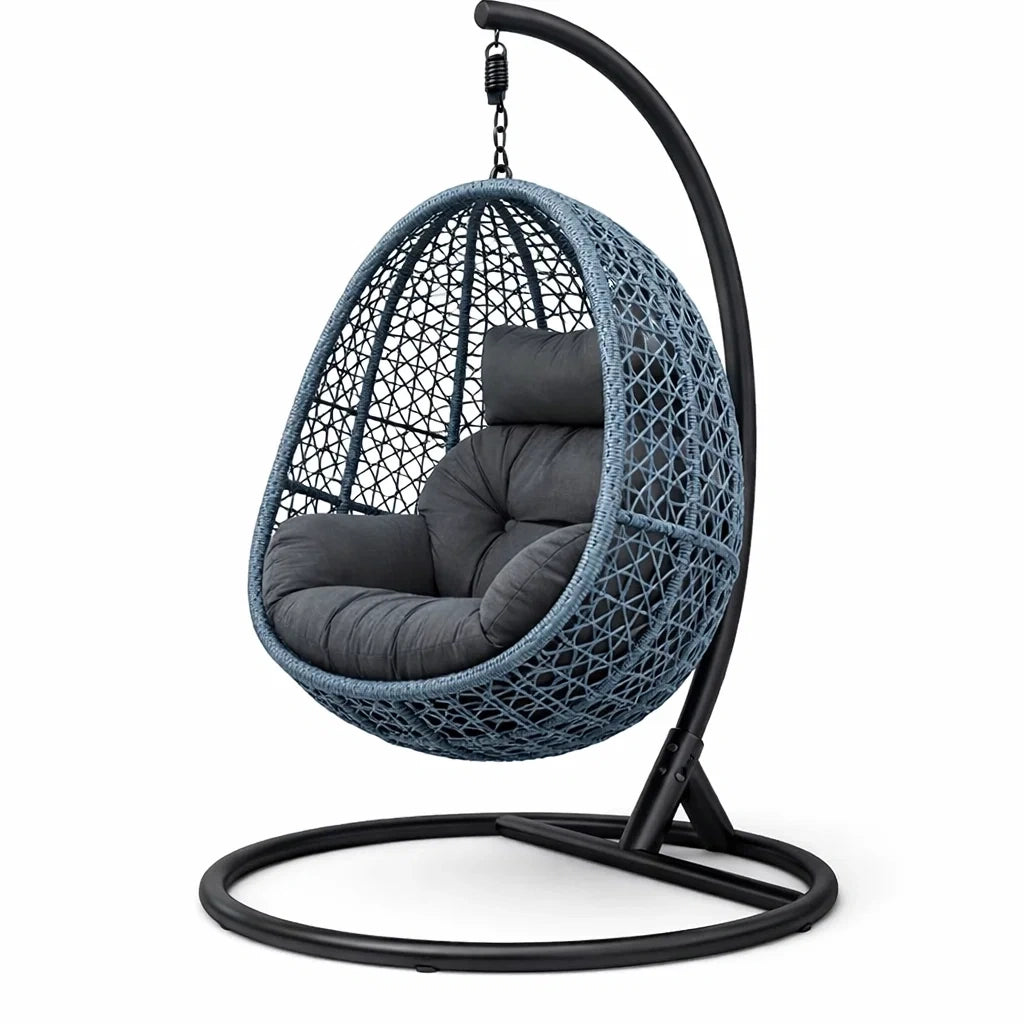 Fauteuil suspendu œuf avec support en acier et résine tressée avec coussin gris - 2026