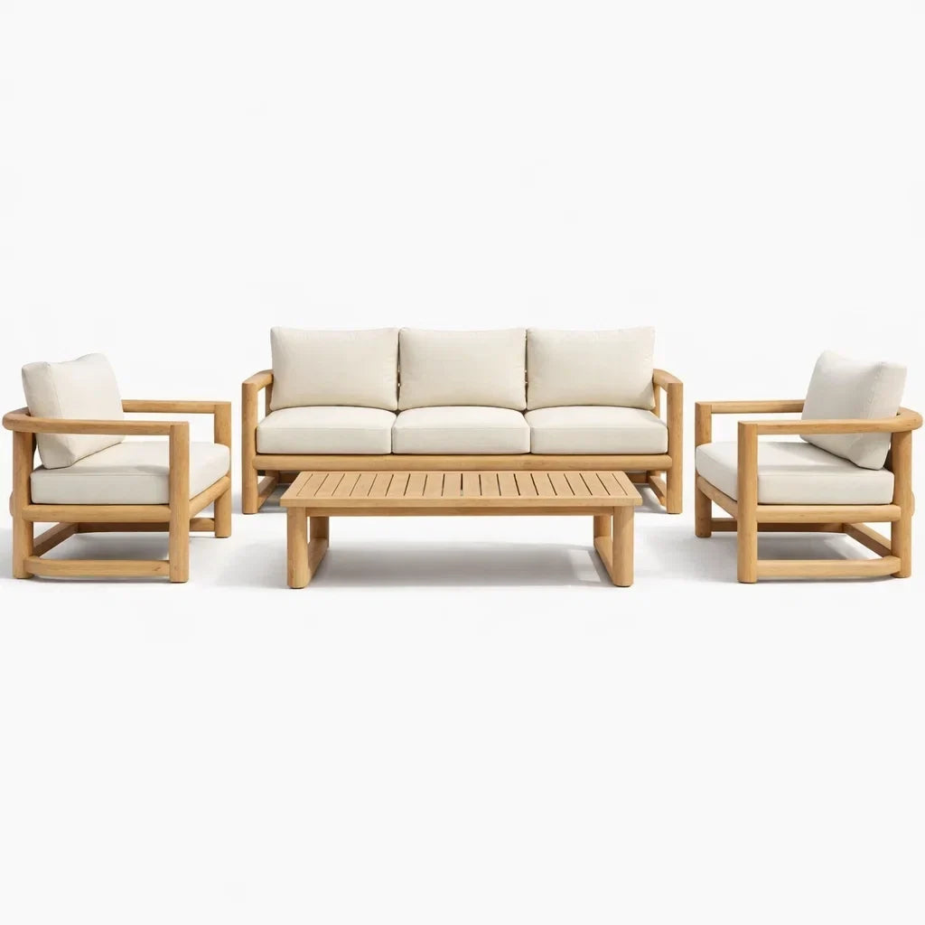 Ensemble de salon extérieur en bois avec coussins en polyester - 2026