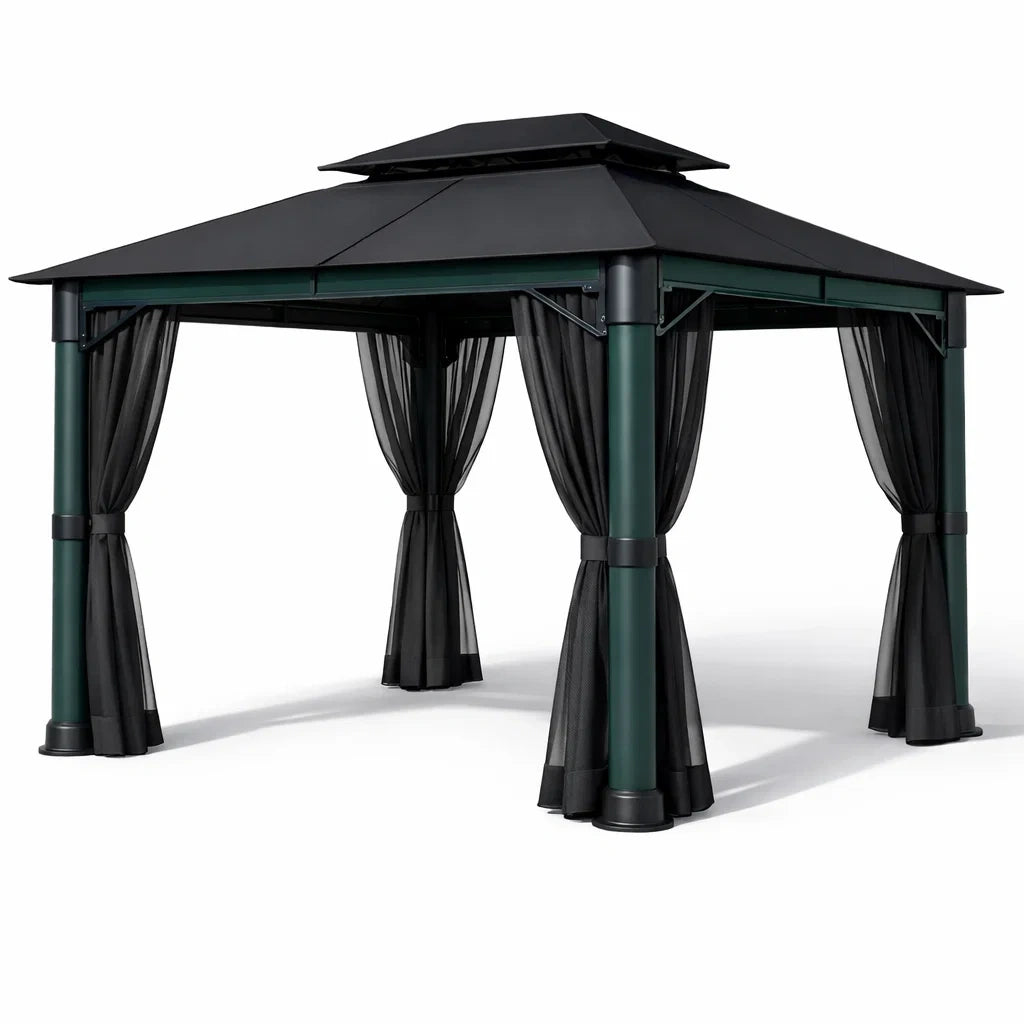 Pavillon de jardin en métal noir et vert avec rideaux en polyester - 2026