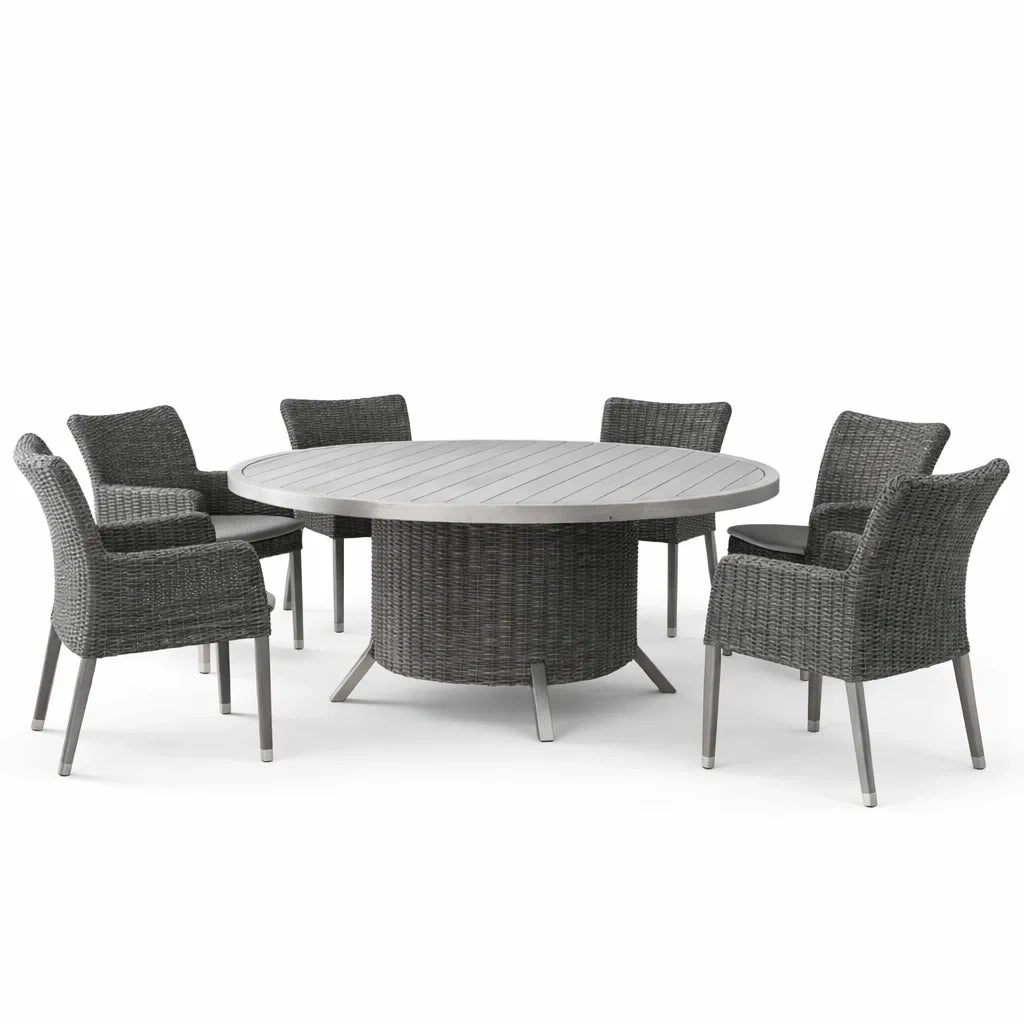 Ensemble table et chaises avec table ronde en polywood et résine tressée et 6 chaises gris - 2026