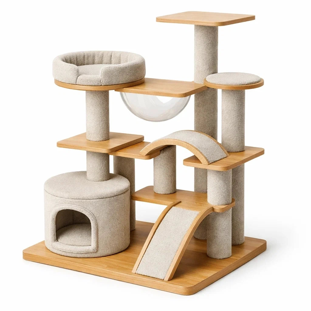 Arbre à chat en bois et tissu avec hamac et tunnel - 2026