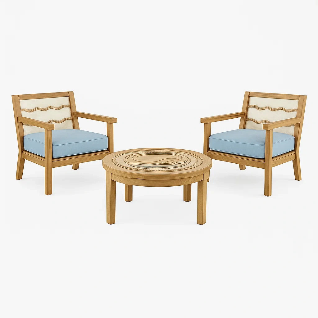Ensemble fauteuils à accoudoirs en bois de teck et polyester beige et bleu - 2026