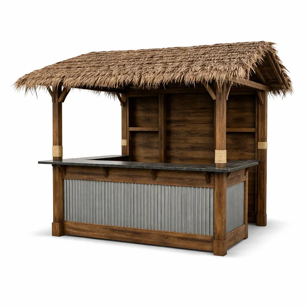Kiosque à bar extérieur en bois avec toit en chaume et comptoir en métal marron gris 250x150x250 cm - 2026