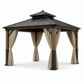 Tonnelle de jardin 360 × 360 × 290 cm, structure marron et anthracite, toit rigide et rideaux beiges - 2026