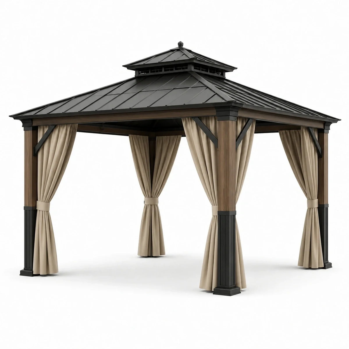 Tonnelle de jardin 360 × 360 × 290 cm, structure marron et anthracite, toit rigide et rideaux beiges - 2026