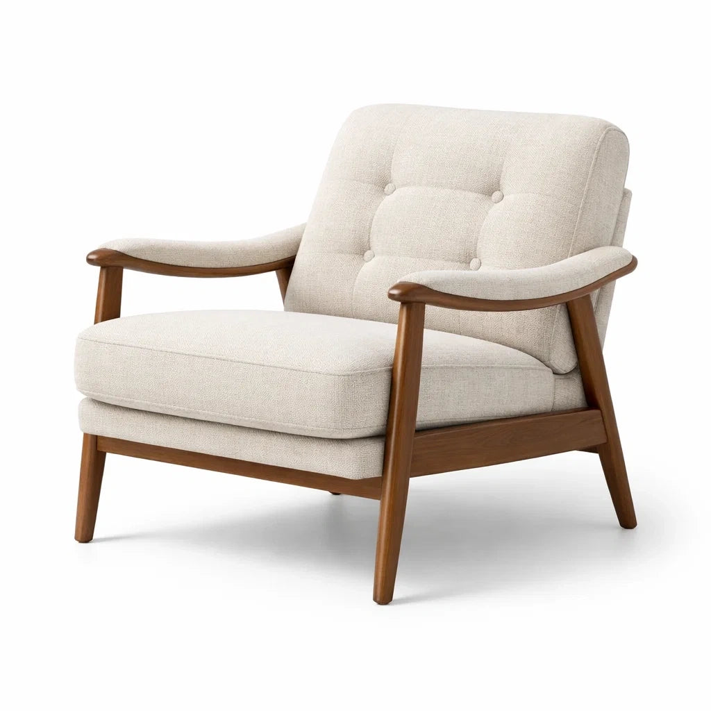 Fauteuil en tissu beige avec structure en bois - 2026