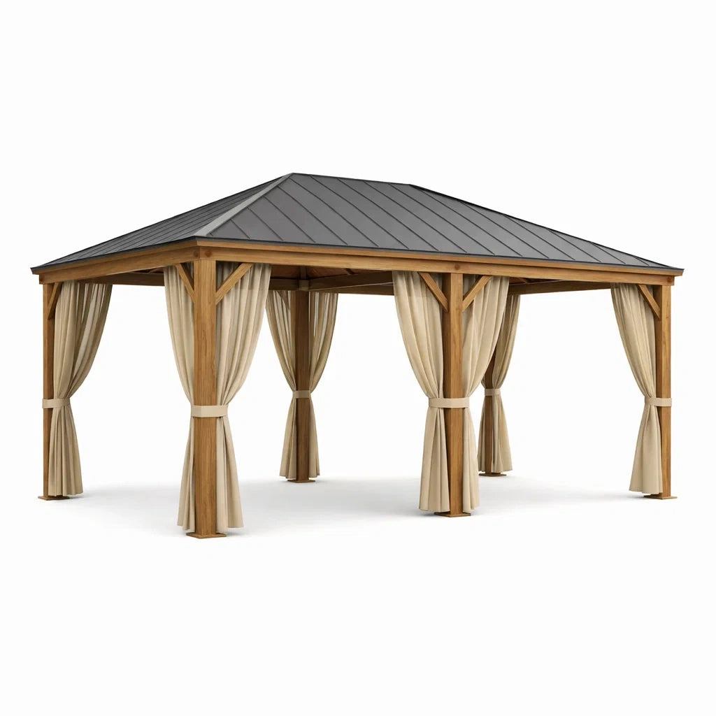 Pavillon de Jardin en Bois et Métal avec Toit Pyramidal 4x3m Rideaux Beige - 2026