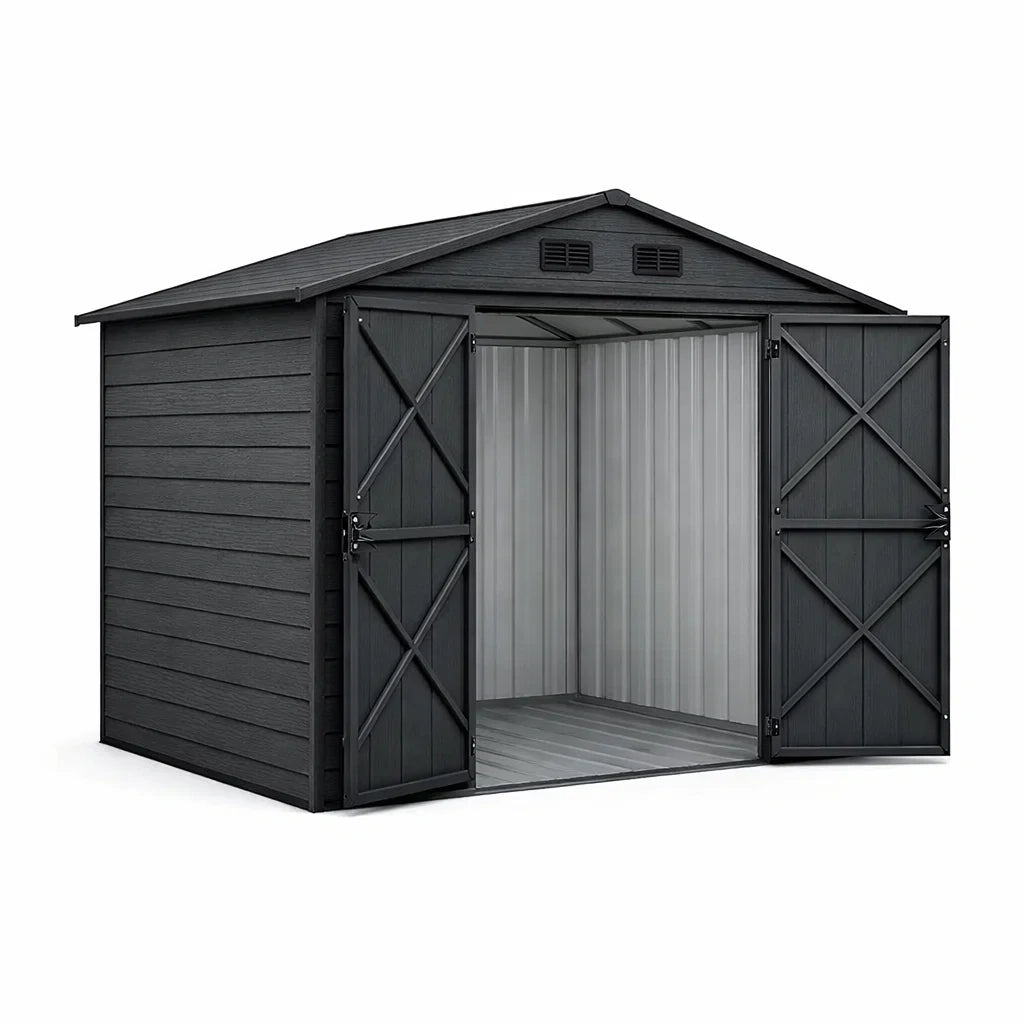Abri de jardin en métal noir avec double porte - 2026