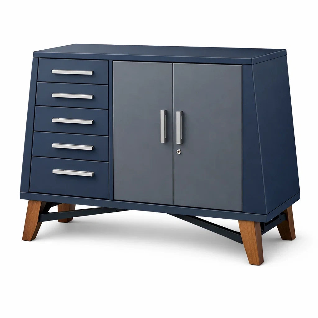 Armoire de rangement bahut en bois et métal 5 tiroirs 2 portes bleu - 2026