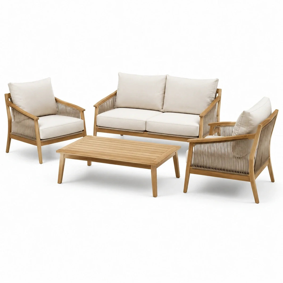 Salon de jardin contemporain 4 pièces en bois naturel, corde beige et tissu écru – Canapé 185 × 80 × 80 cm, fauteuils 75 × 80 × 80 cm et table 110 × 60 × 40 cm - 2026