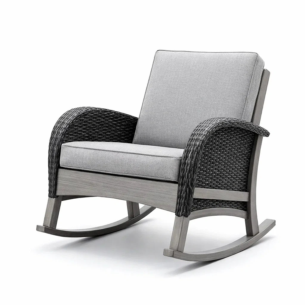 Fauteuil à bascule en résine tressée et bois gris - 2026
