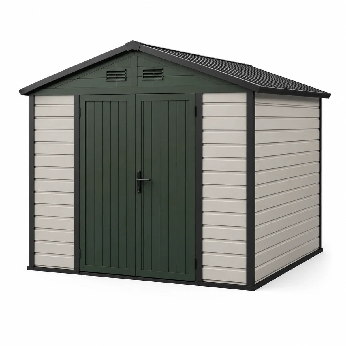 Abri de jardin en plastique 250x300 cm portes doubles vert et beige - 2026