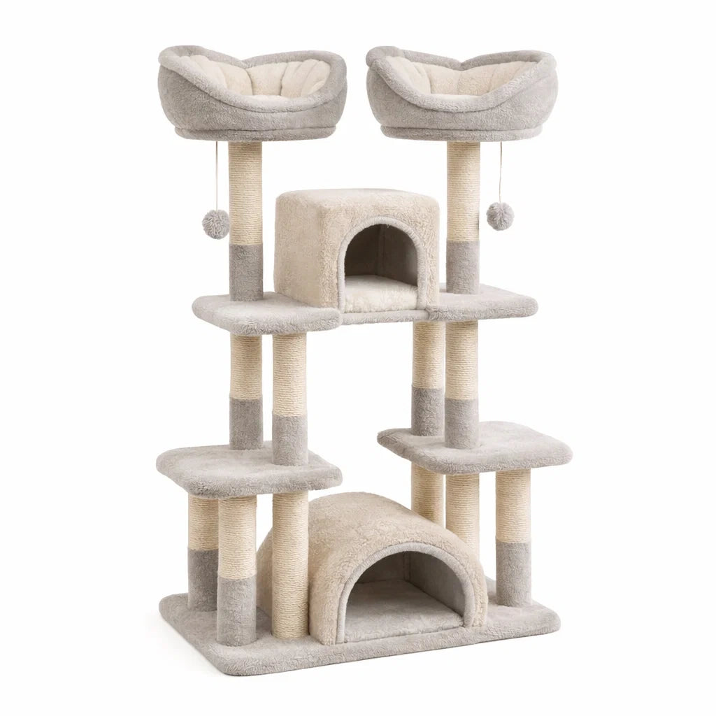 Arbre à chat en tissu peluche gris avec plateformes - 2026
