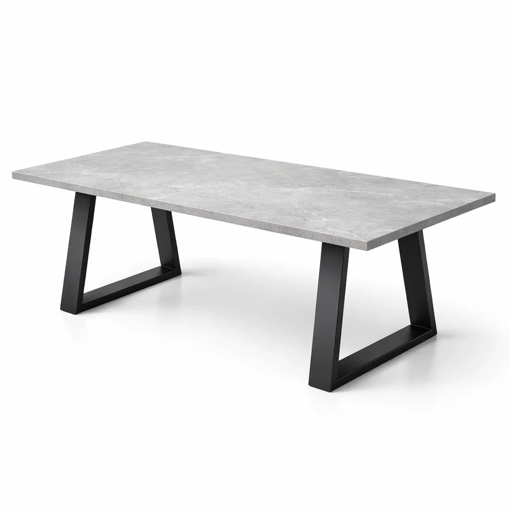 Table à manger rectangulaire en pierre reconstituée grise et métal noir - 2026