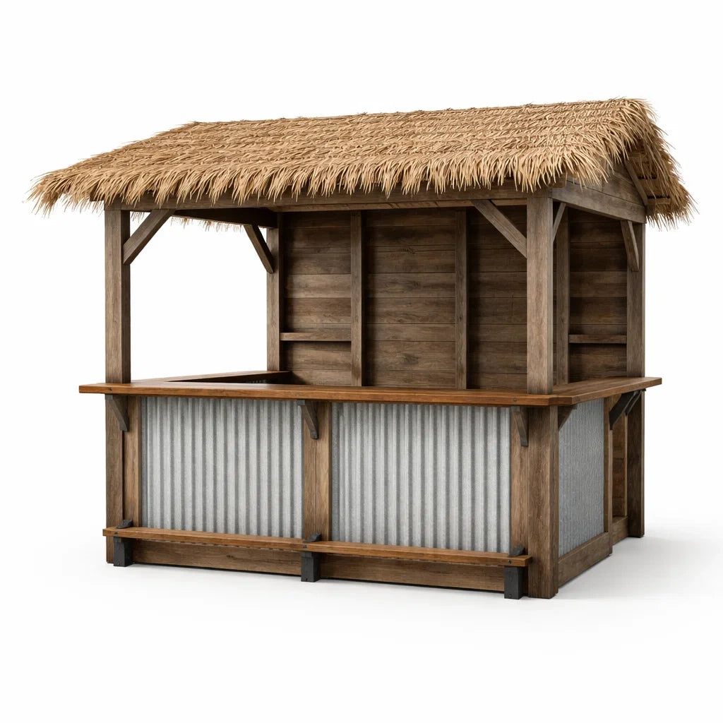 Kiosque à bar en bois et métal avec toit en paille - 2026