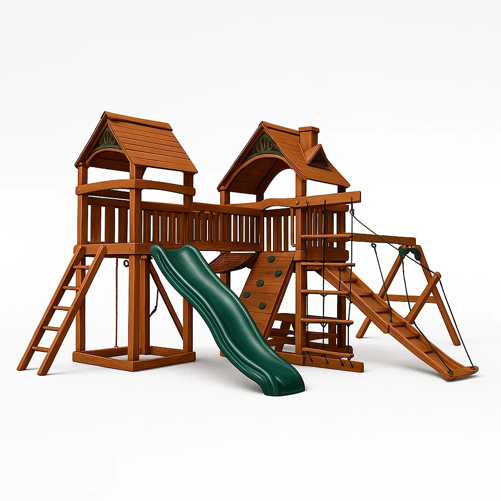 Espace de jeux en bois avec toboggan vert - 2026
