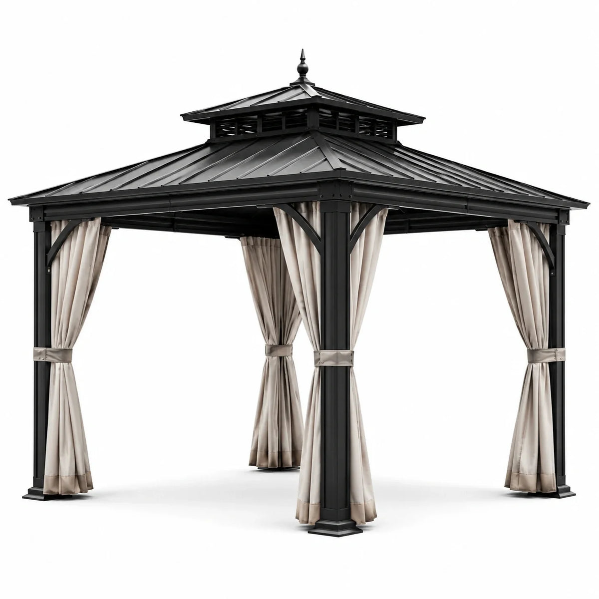 Pavillon en aluminium avec toit en acier et rideaux polyester 3x3m noir/beige - 2026