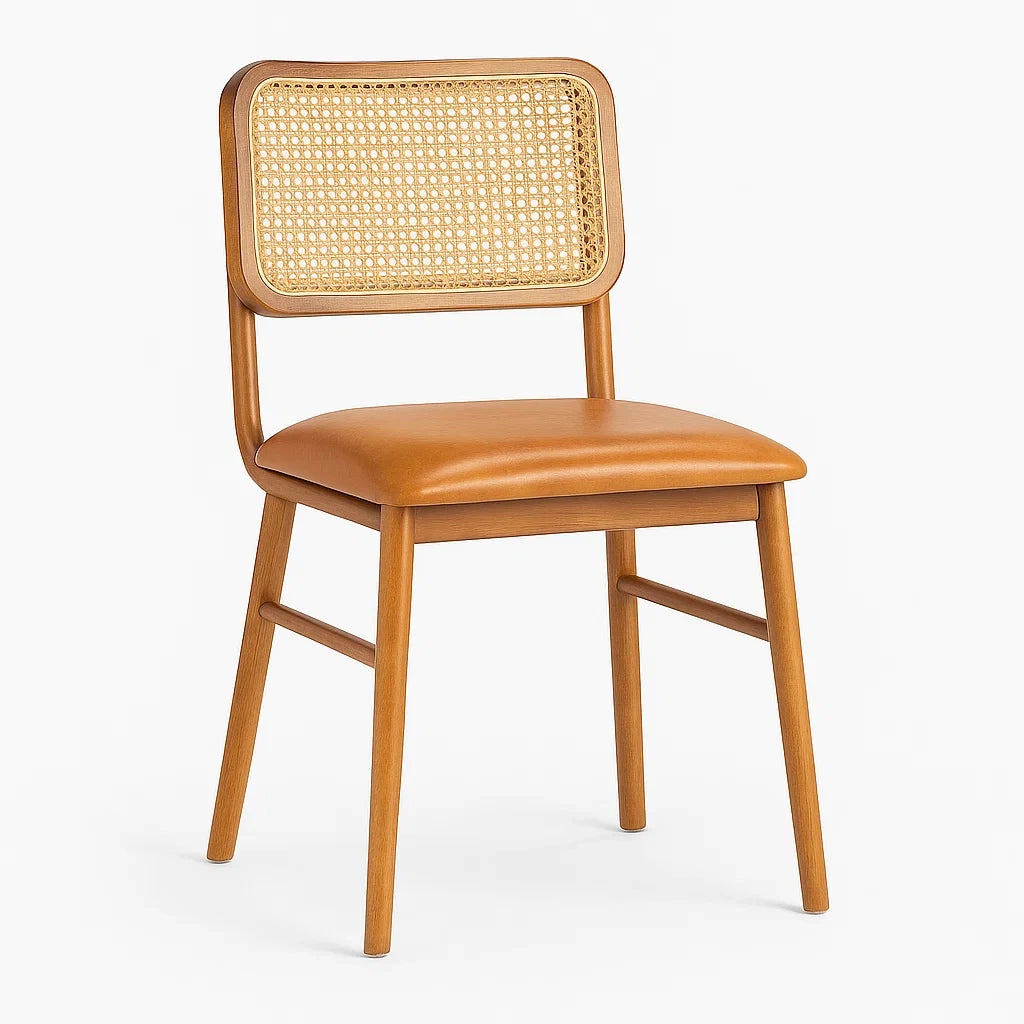 Chaise de salle à manger en Bois et Rotin avec Assise en Cuir Synthétique - 2026