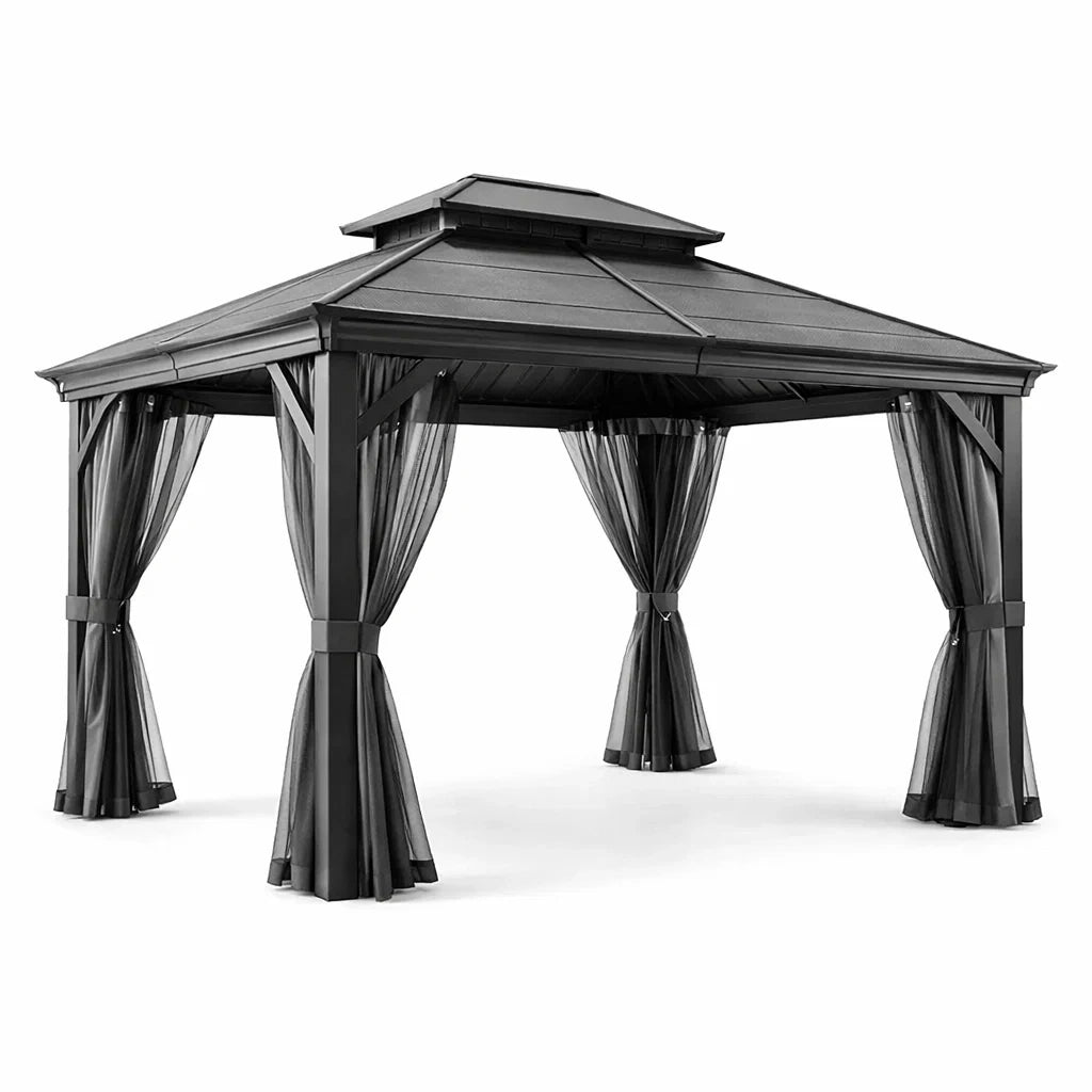 Pavillon de jardin en aluminium avec toit en polycarbonate et rideaux en polyester - 2026