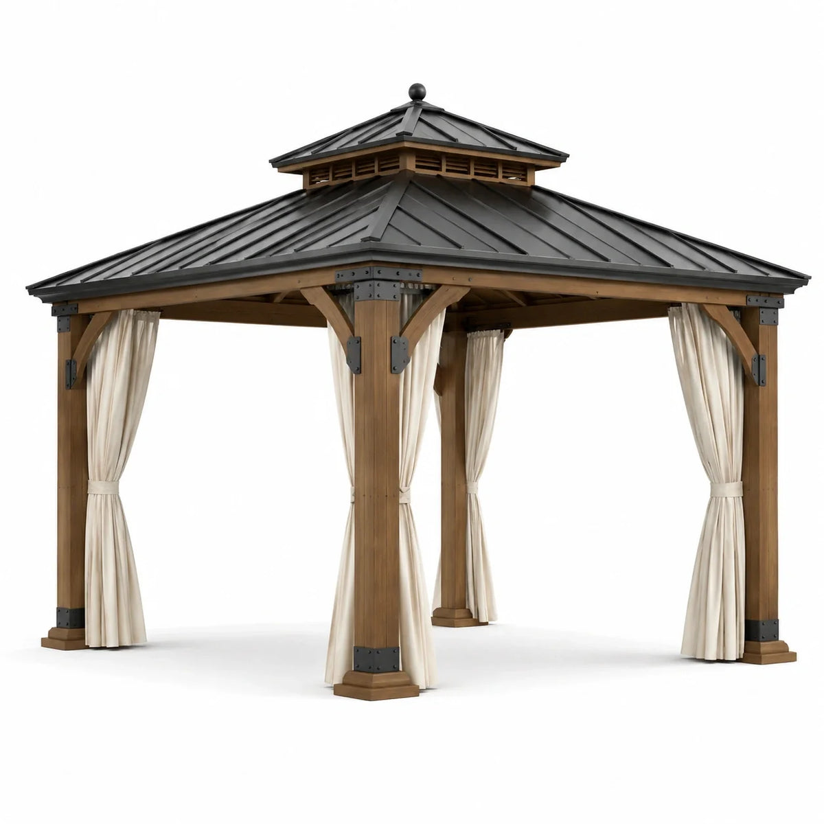Pavillon de jardin en bois marron avec toit en acier anthracite et rideaux beiges, 300 × 300 × 310 cm - 2026