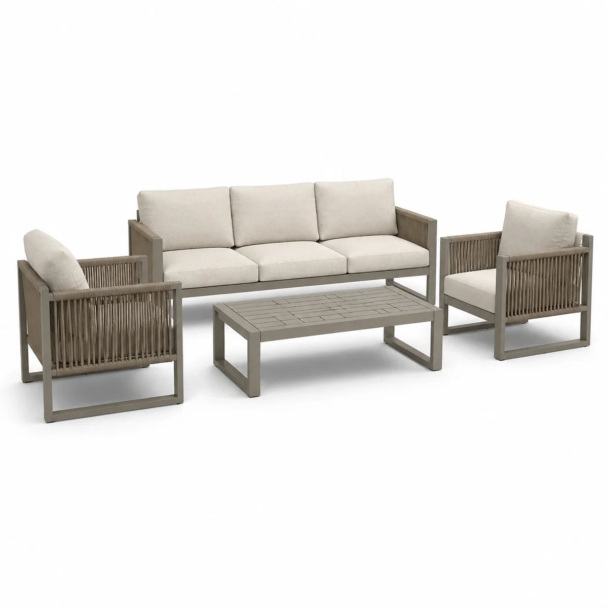 Salon de jardin moderne 4 pièces beige et taupe avec canapé 3 places 200 × 78 × 81 cm, 2 fauteuils et table basse - 2026