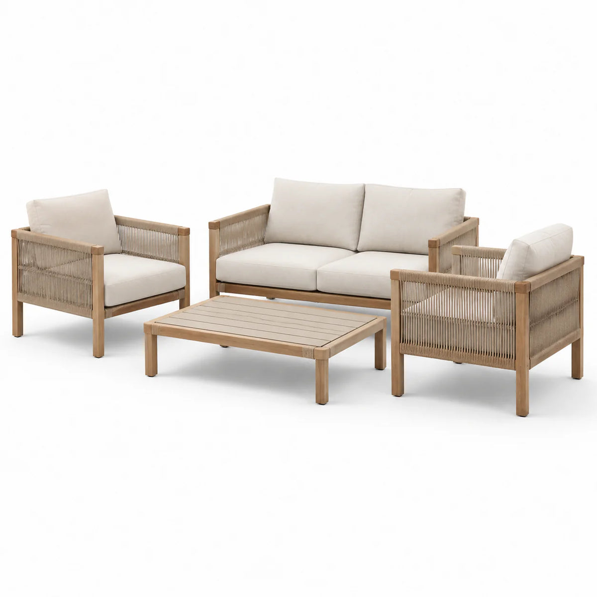 Ensemble de jardin en bois et corde avec coussins beige - 2026