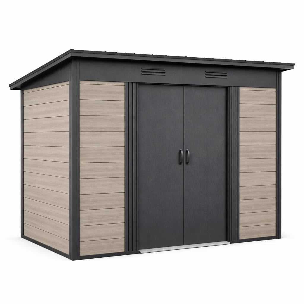 Abri de jardin en composite noir et beige avec double porte - 2026