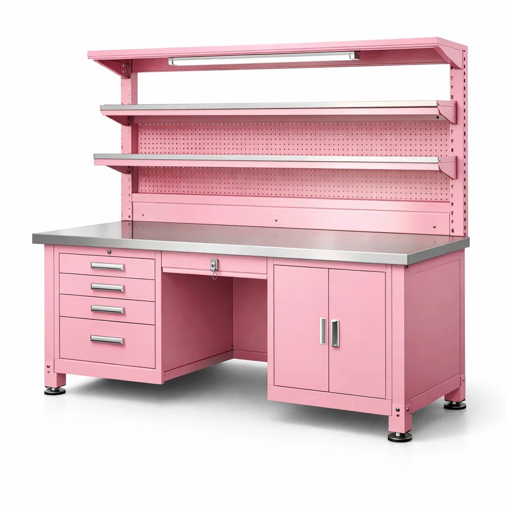 Établi en métal rose avec plateau en acier inoxydable - 2026