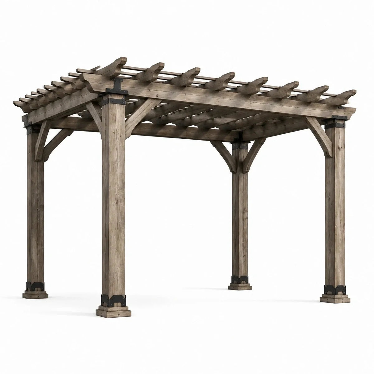 Pergola de jardin rustique en bois brun et acier noir avec toit ajouré, 427 × 305 × 244 cm - 2026