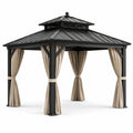 Pergola de jardin en métal noir avec rideaux beiges et toit rigide ventilé, 300 × 300 × 280 cm - 2026