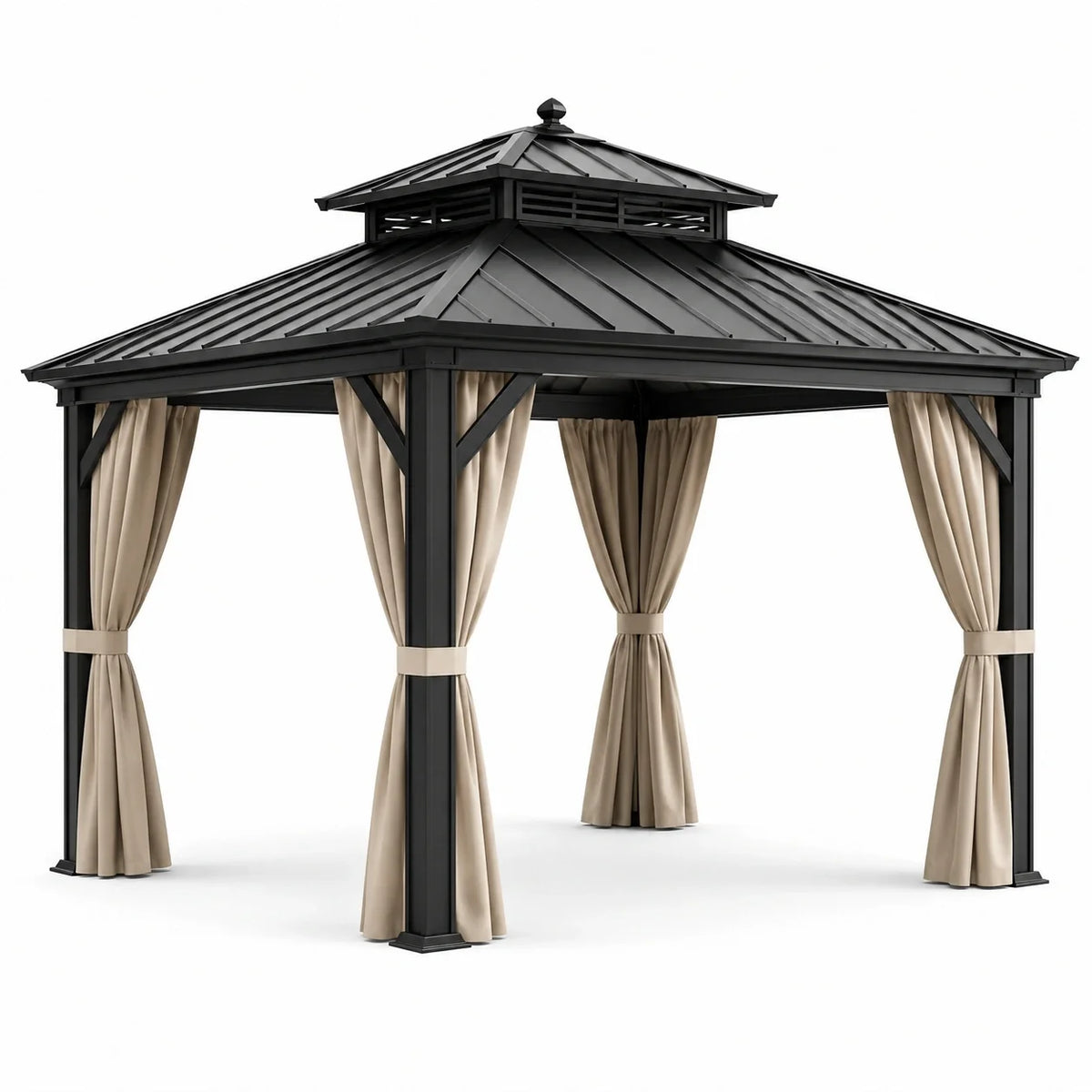 Pergola de jardin en métal noir avec rideaux beiges et toit rigide ventilé, 300 × 300 × 280 cm - 2026