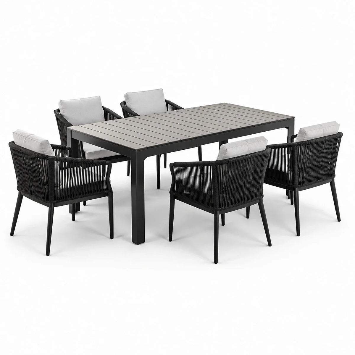 Ensemble de repas extérieur 6 places en aluminium et polywood avec chaises en corde synthétique - 2026
