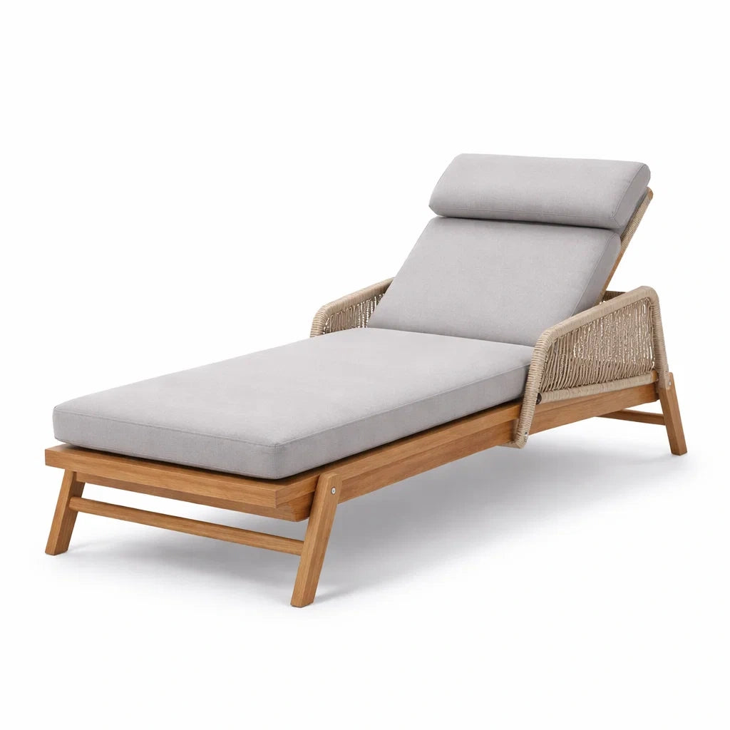 Chaise longue réglable en bois de teck et polypropylène gris - 2026