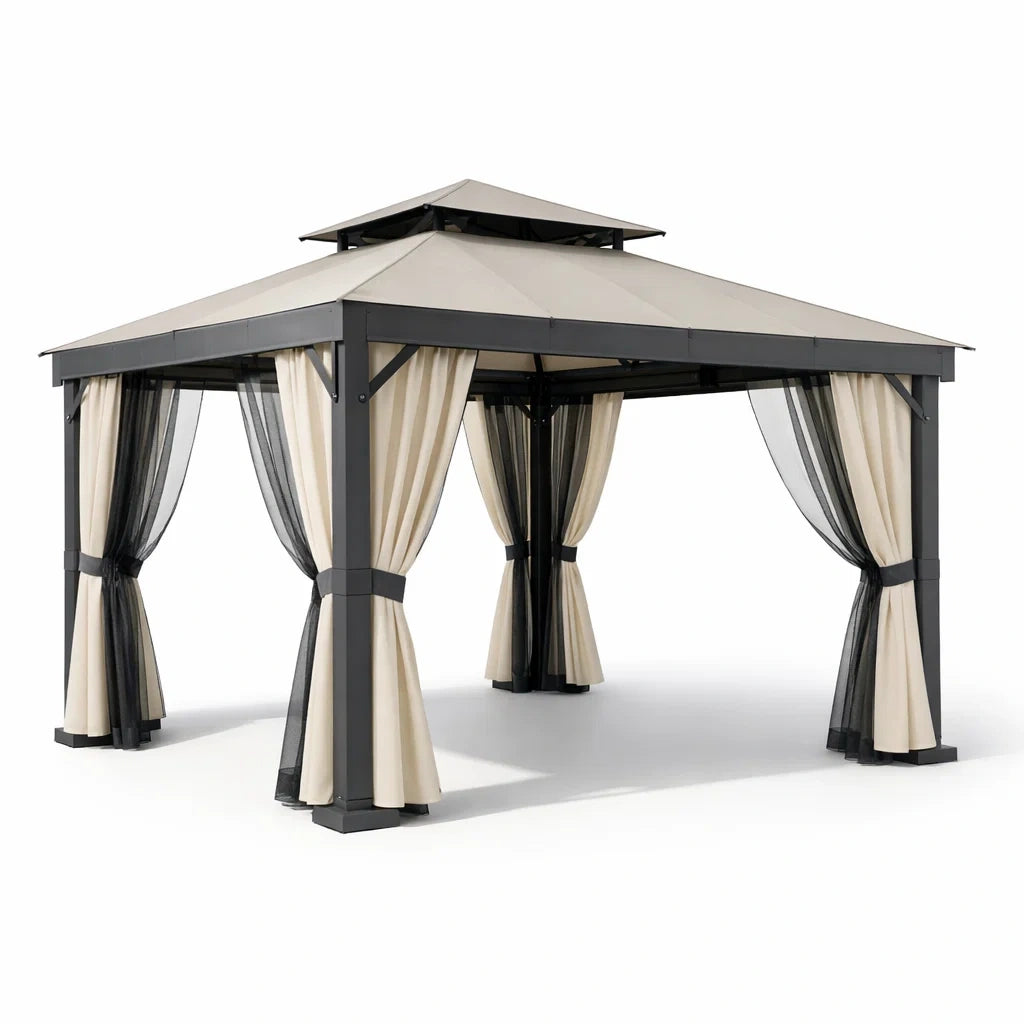 Pavillon de jardin en aluminium avec rideaux en polyester beige et noir - 2026